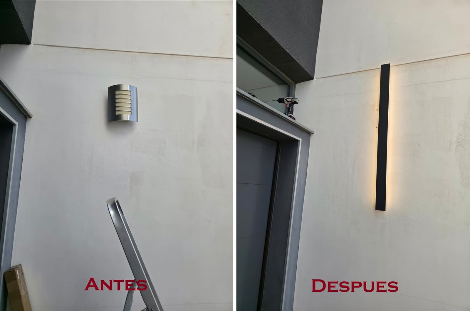 Comparativa antes y después: aplique antiguo sustituido por una luminaria lineal negra
