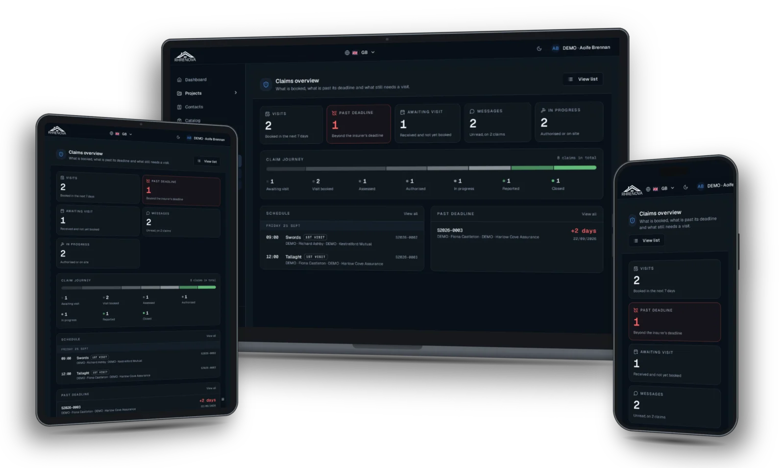 RHRENOVA's claims dashboard on laptop, tablet and phone, showing appointments, deadlines and the progress of each file