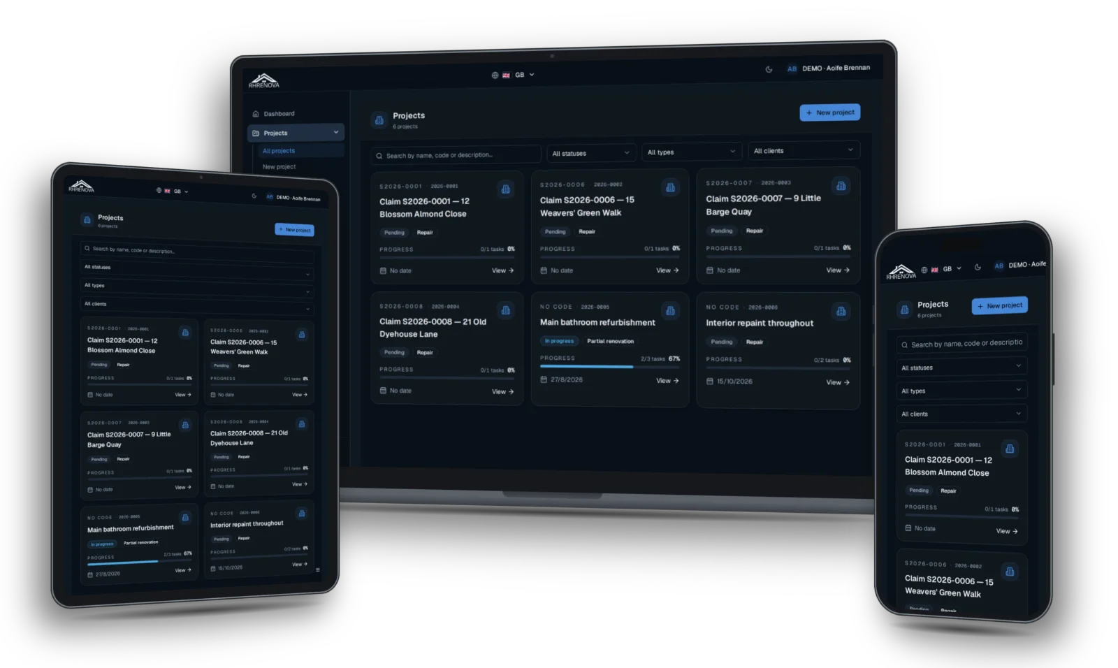 RHRENOVA's projects dashboard on laptop, tablet and phone, showing the list of renovations, their status and the progress of each one's tasks