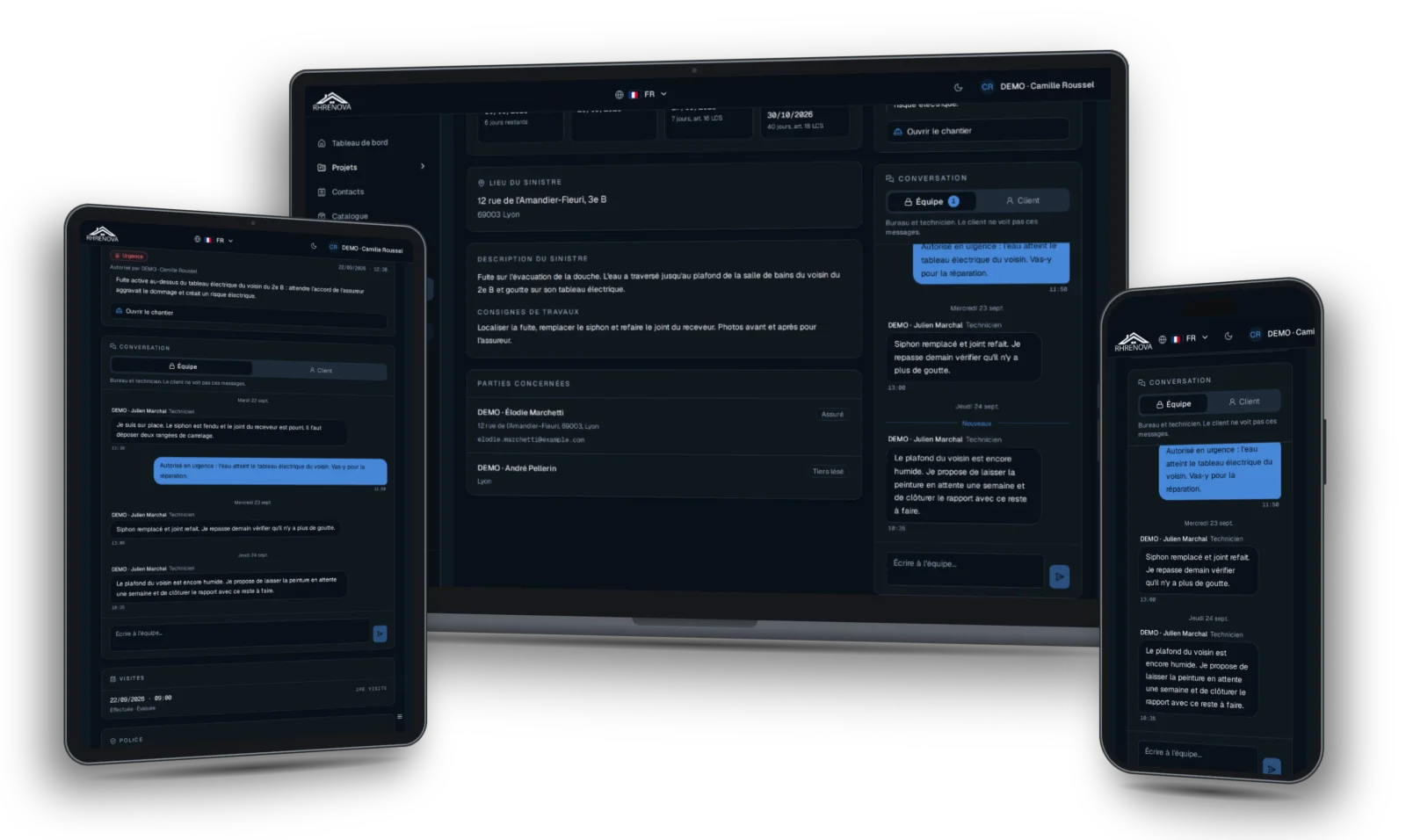 Conversation d'un dossier RHRENOVA sur ordinateur portable, tablette et téléphone, avec les messages échangés entre l'équipe et le client au sujet d'un dégât des eaux