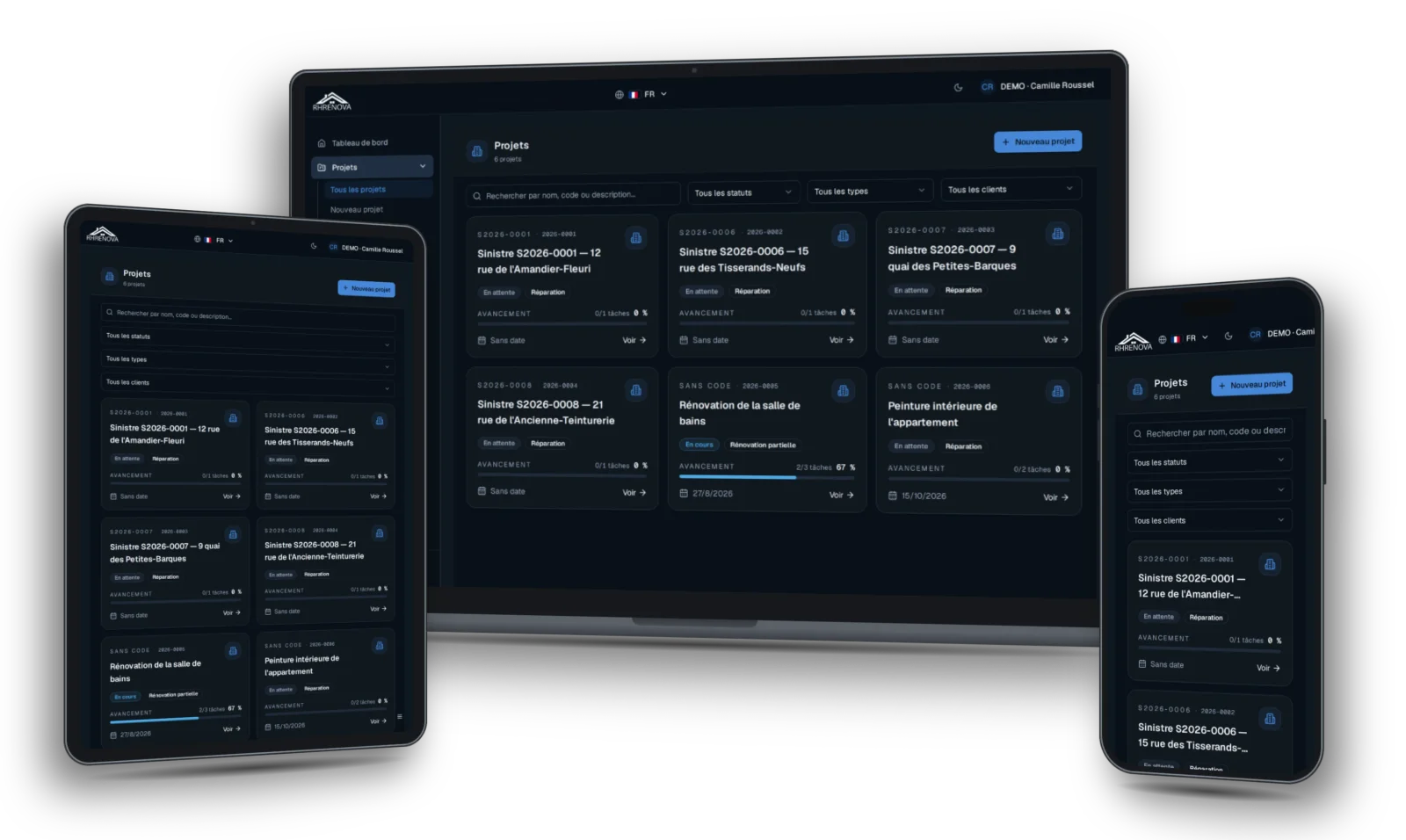 Tableau des chantiers RHRENOVA sur ordinateur portable, tablette et téléphone, avec la liste des rénovations, leur statut et la progression des tâches de chacune