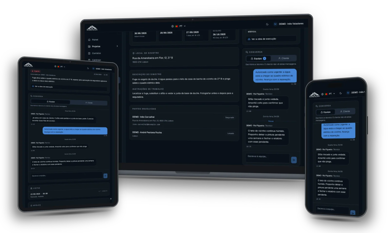 Conversa de um processo da RHRENOVA em portátil, tablet e telemóvel, com as mensagens entre a equipa e o cliente sobre um sinistro de água