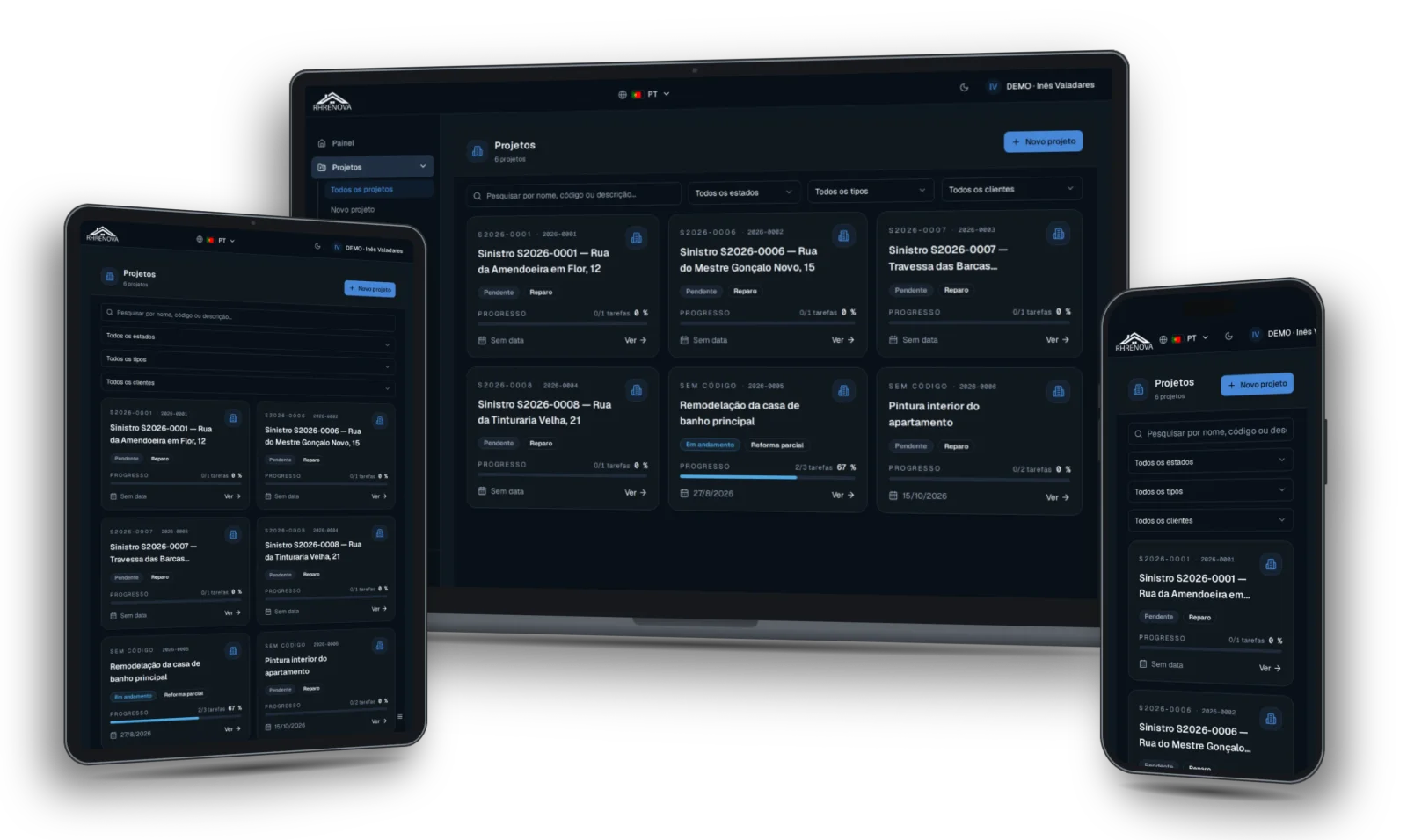 Painel de projetos da RHRENOVA em portátil, tablet e telemóvel, com a lista de obras, o seu estado e o progresso das tarefas de cada uma